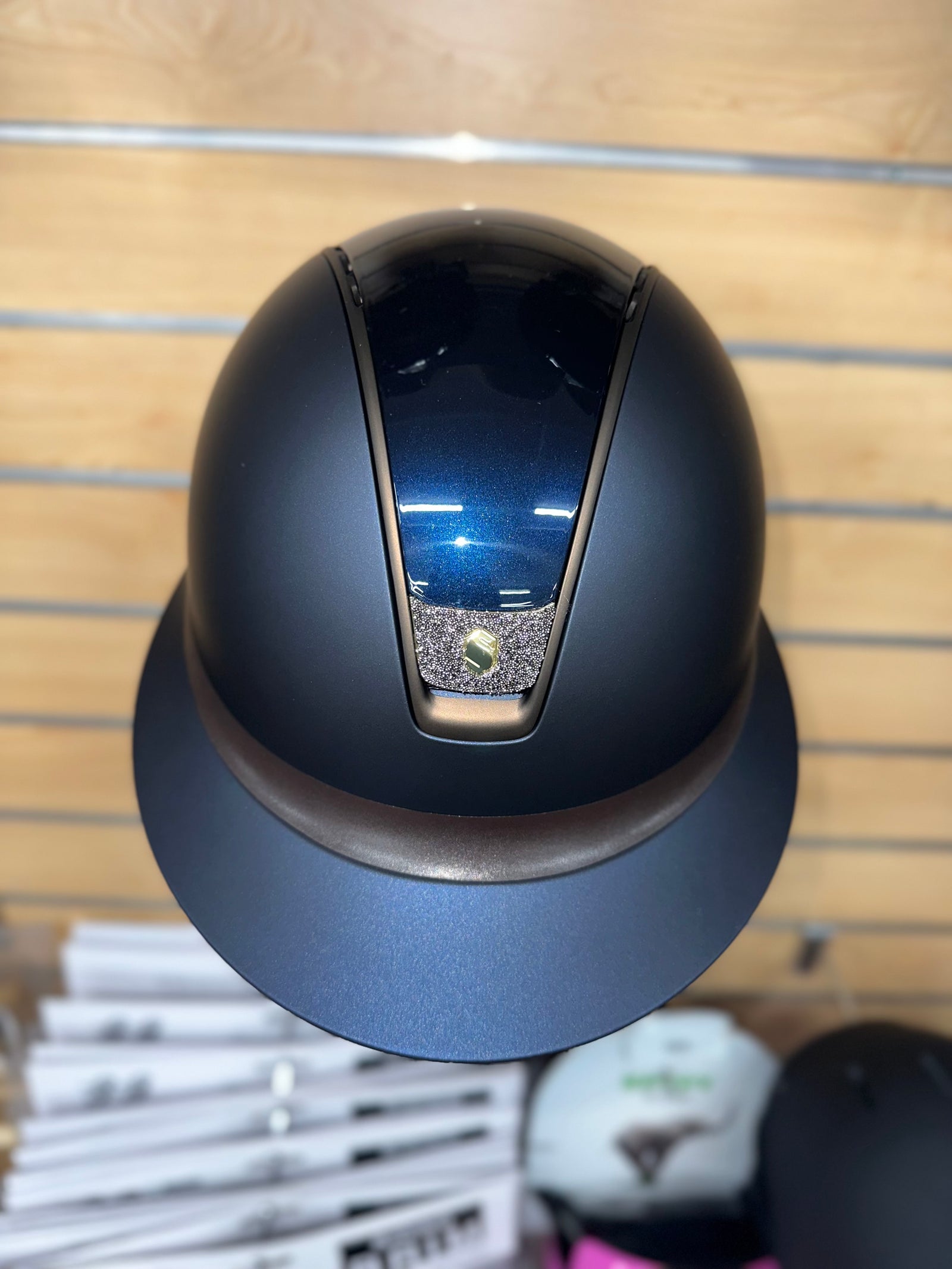 Samshield Miss Shield 2.0 Matt Blue Shell w Glossy Blue Top & Brown Leather Band Bronze Trim w Crystal Fabric Gold Blazon