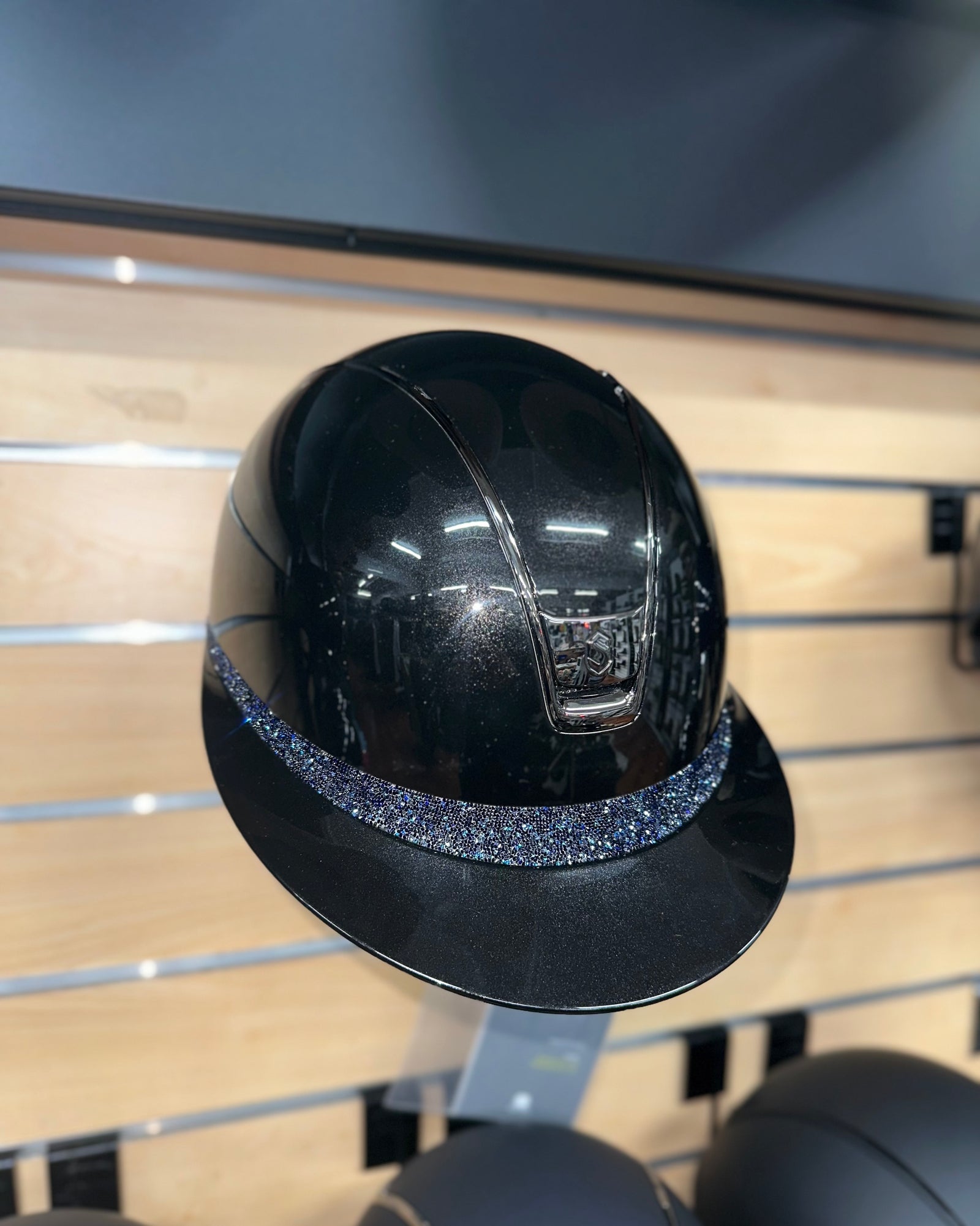 Samshield Miss Shield 2.0 Glossy Black Shell and Top with Cosmic Night Ultra Fine Rock Frontal Band and Blk Chrome Trim and Blazon