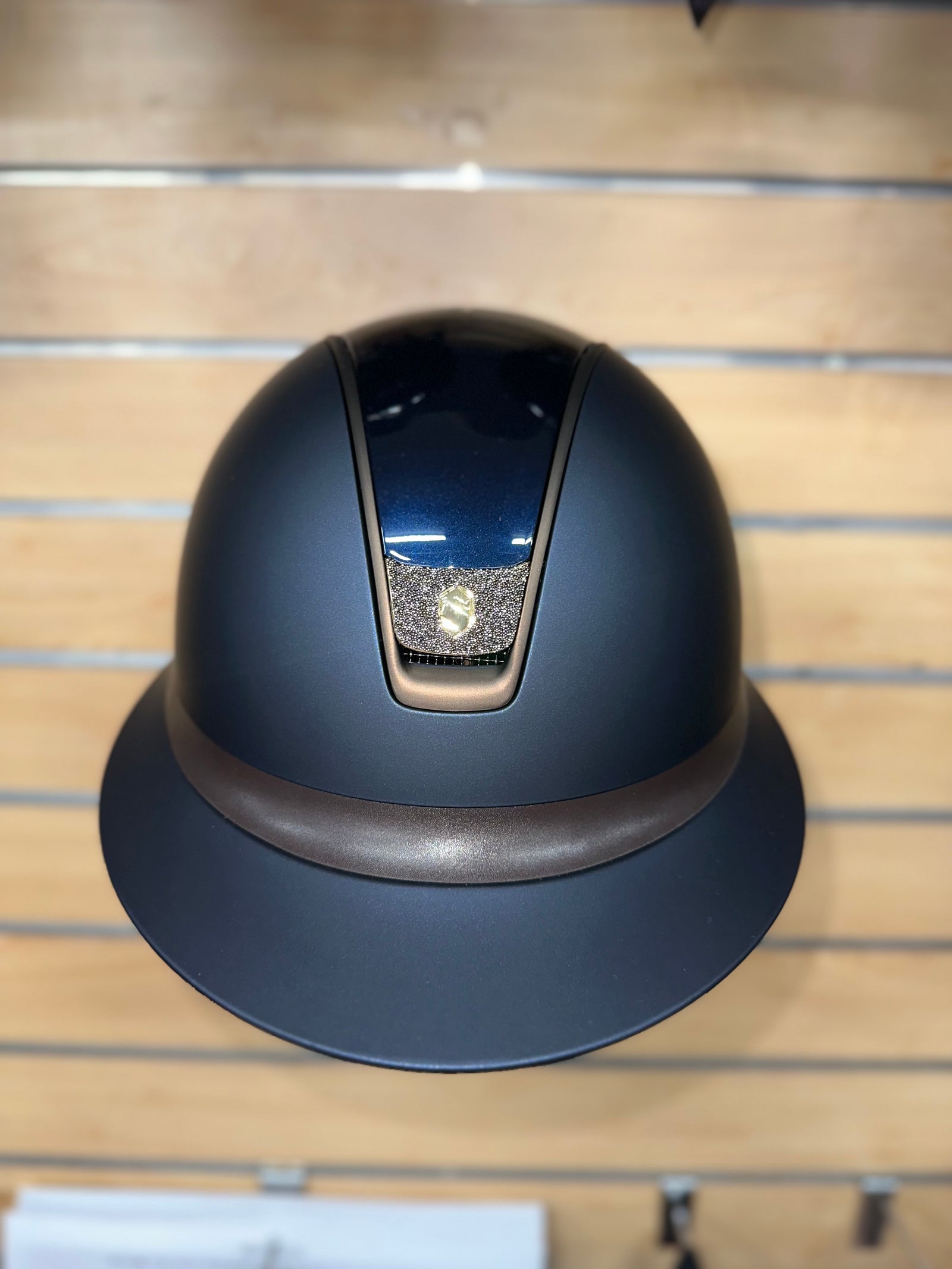 Samshield Miss Shield 2.0 Matt Blue Shell w Glossy Blue Top & Brown Leather Band Bronze Trim w Crystal Fabric Gold Blazon