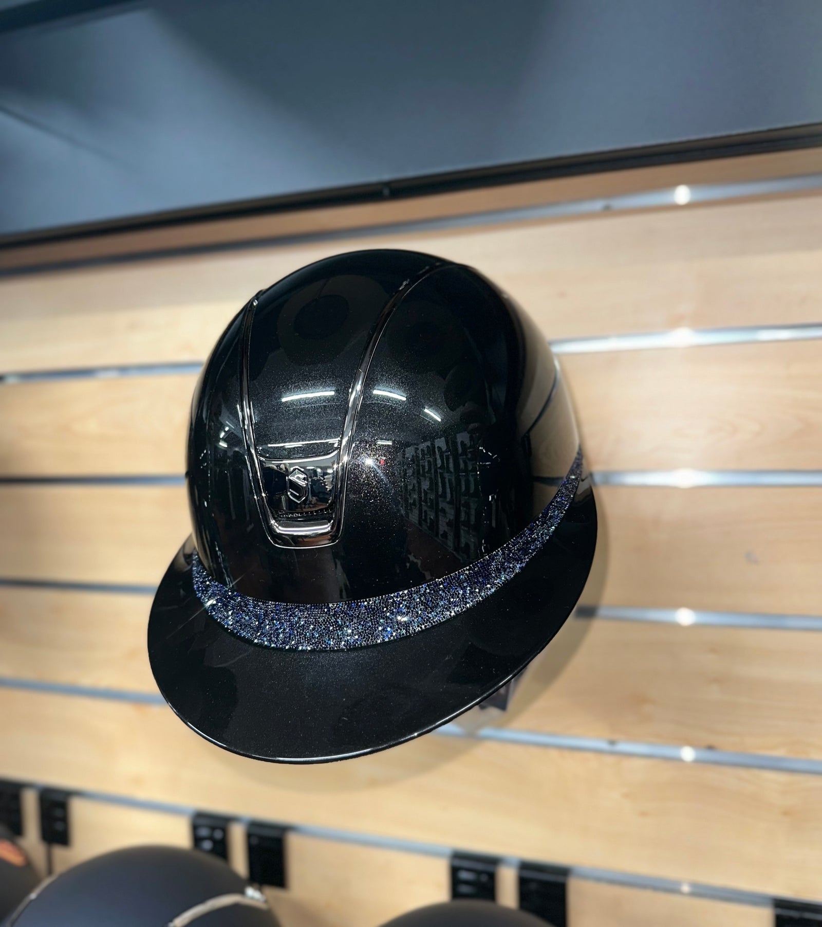 Samshield Miss Shield 2.0 Glossy Black Shell and Top with Cosmic Night Ultra Fine Rock Frontal Band and Blk Chrome Trim and Blazon