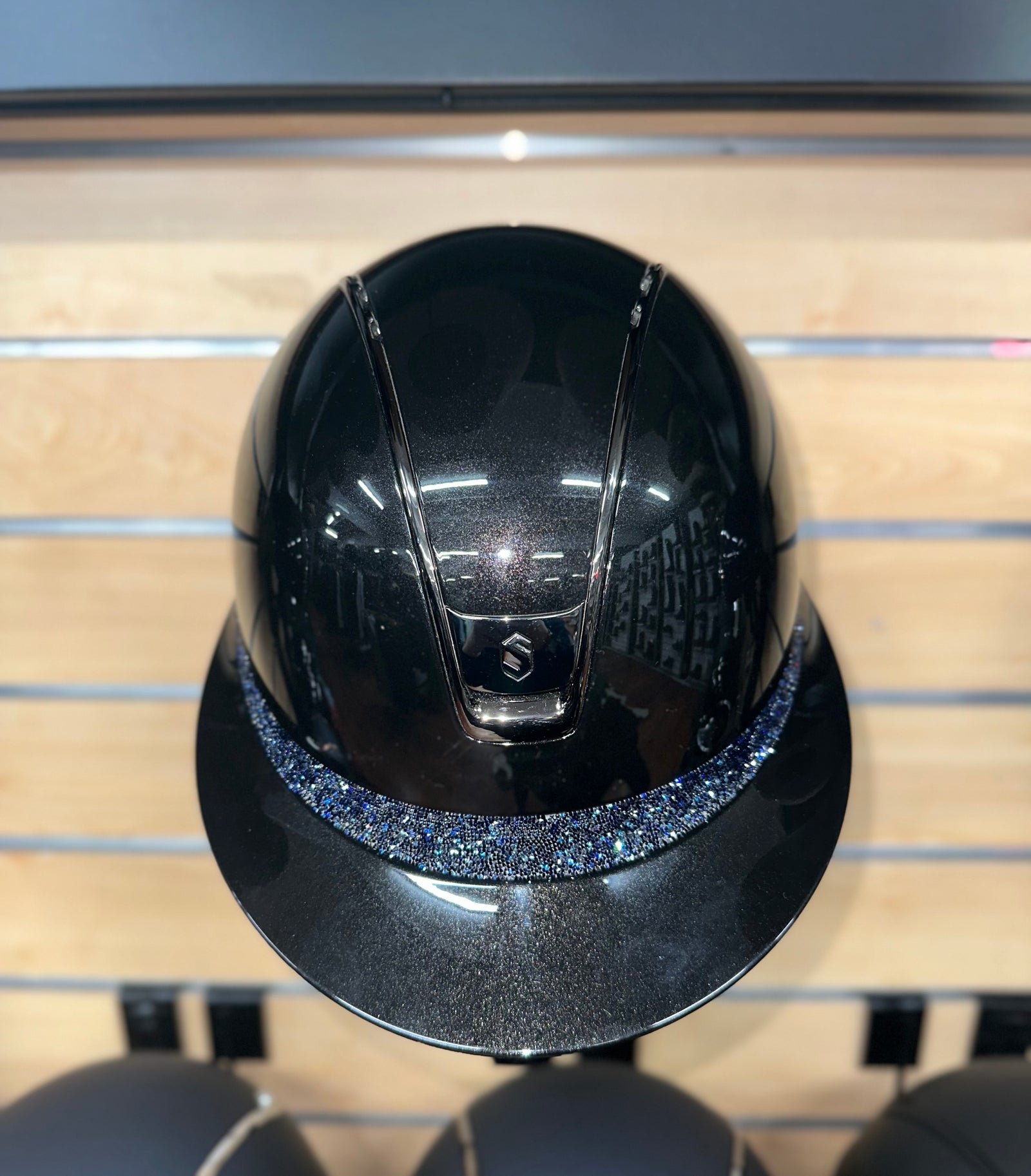 Samshield Miss Shield 2.0 Glossy Black Shell and Top with Cosmic Night Ultra Fine Rock Frontal Band and Blk Chrome Trim and Blazon