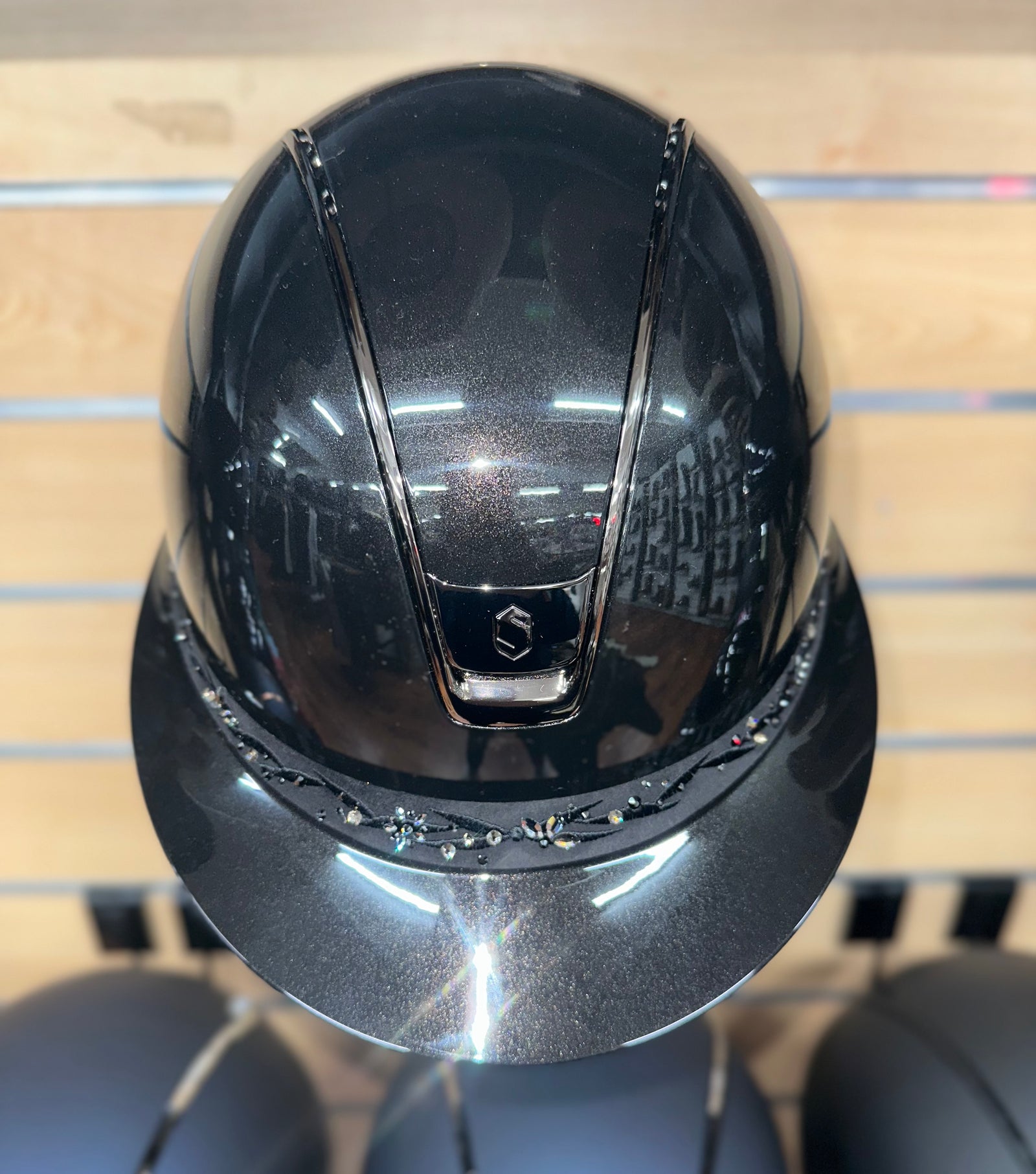 Samshield Miss Shield 2.0 Glossy Black Shell and Top w Majestic Black Flower Swarovski Jewellery Frontal Band and Blk Chrome Trim and Blazon