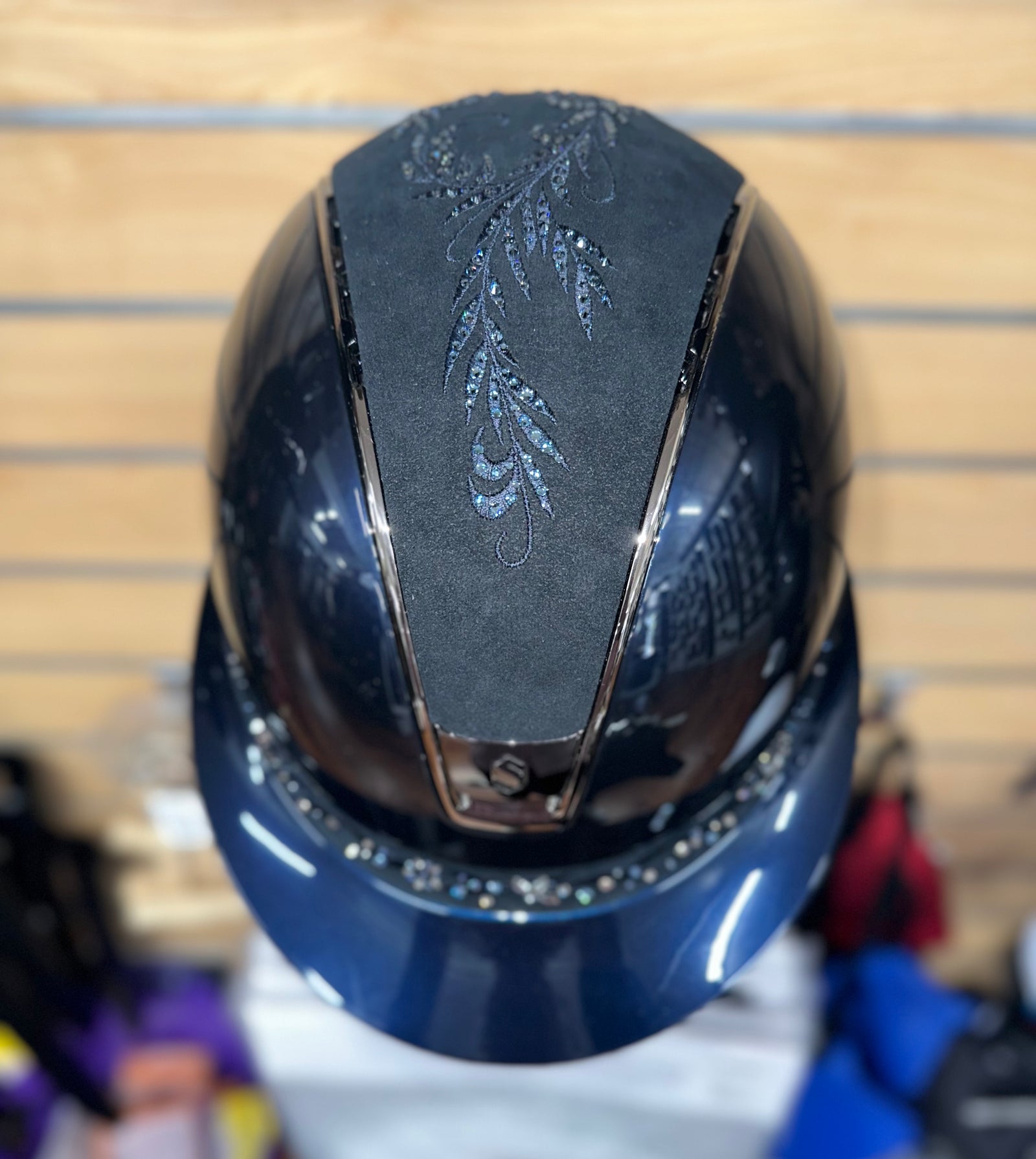 Samshield 2.0 Miss Shield Glossy Blue w Blue Flower Swarovski Top Blk Chrome Trim and Blazon and Blue Flower Swarovski Jewellery Frontal Band