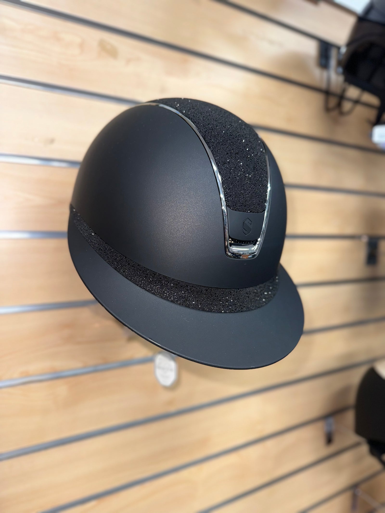 Samshield Miss Shield Matt Black with Matt Black Blazon, Chrome Black Trim and Crystal Fabric Swarovski Top/ Frontal Band