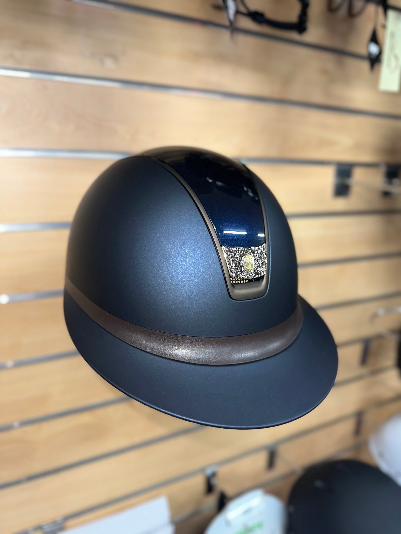 Samshield Miss Shield 2.0 Matt Blue Shell w Glossy Blue Top & Brown Leather Band Bronze Trim w Crystal Fabric Gold Blazon