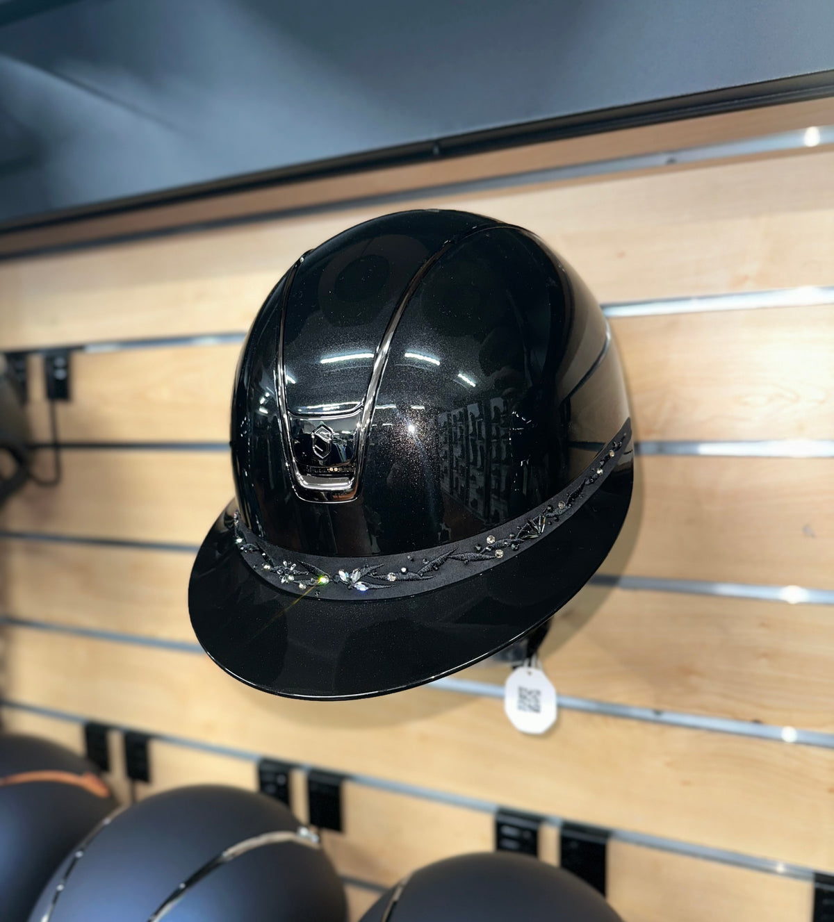 Samshield Miss Shield 2.0 Glossy Black Shell and Top w Majestic Black Flower Swarovski Jewellery Frontal Band and Blk Chrome Trim and Blazon