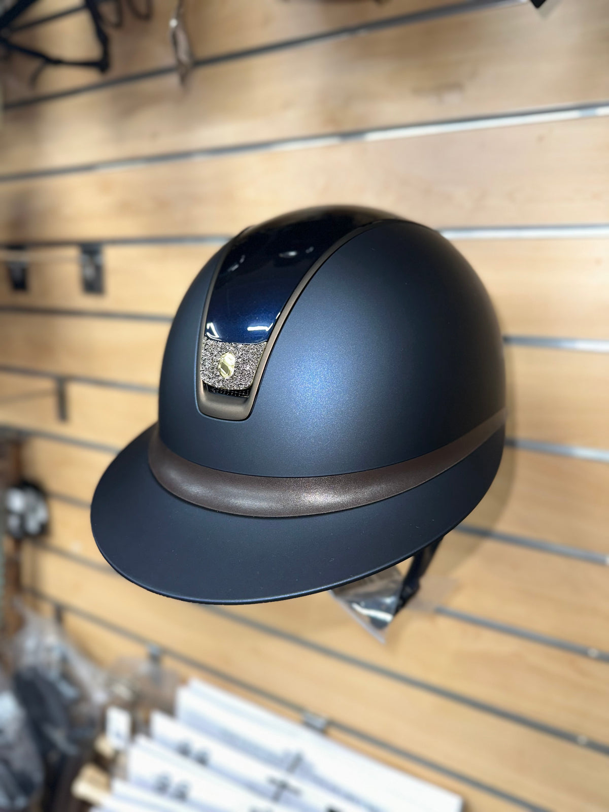 Samshield Miss Shield 2.0 Matt Blue Shell w Glossy Blue Top & Brown Leather Band Bronze Trim w Crystal Fabric Gold Blazon