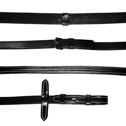 LEATHER & RUBBER GRIP REINS (FLAT) WITH WHITE STITCHING SILVER FITTINGS