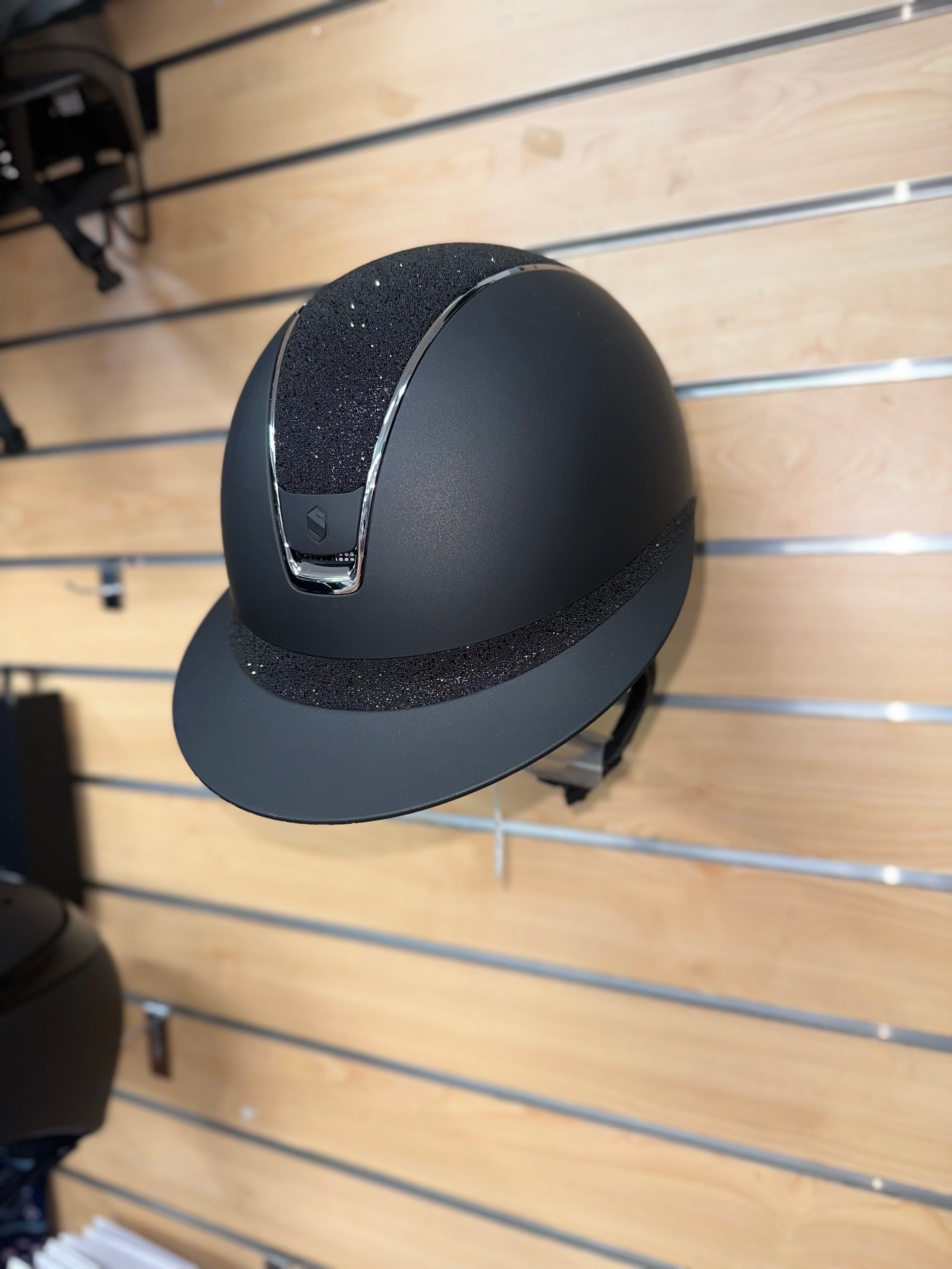 Samshield Miss Shield Matt Black with Matt Black Blazon, Chrome Black Trim and Crystal Fabric Swarovski Top/ Frontal Band