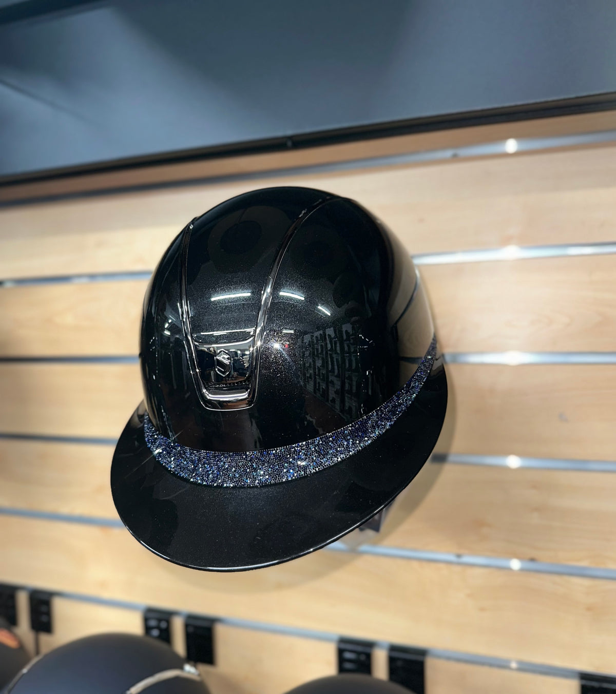 Samshield Miss Shield 2.0 Glossy Black Shell and Top with Cosmic Night Ultra Fine Rock Frontal Band and Blk Chrome Trim and Blazon