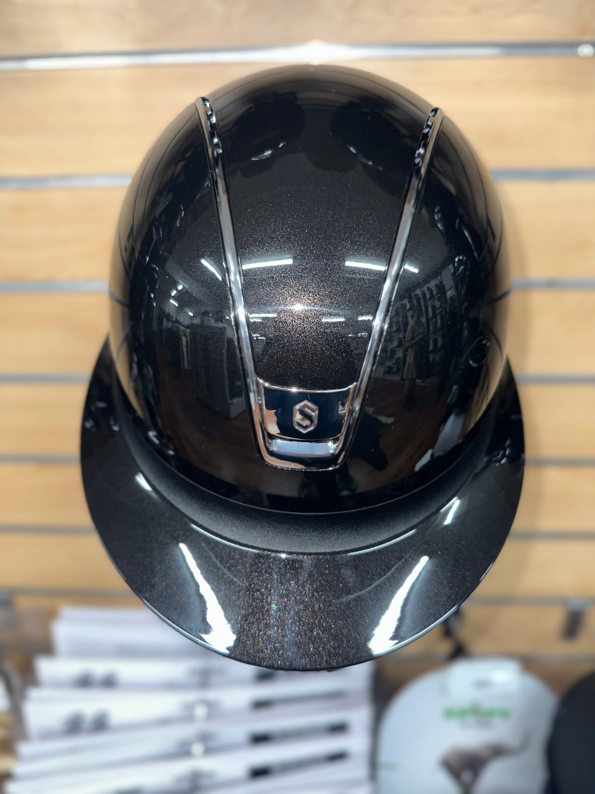 Samshield Miss Shield 2.0 Glossy Blk Shell & Top w Leather Band & Chrome Trim & Blazon