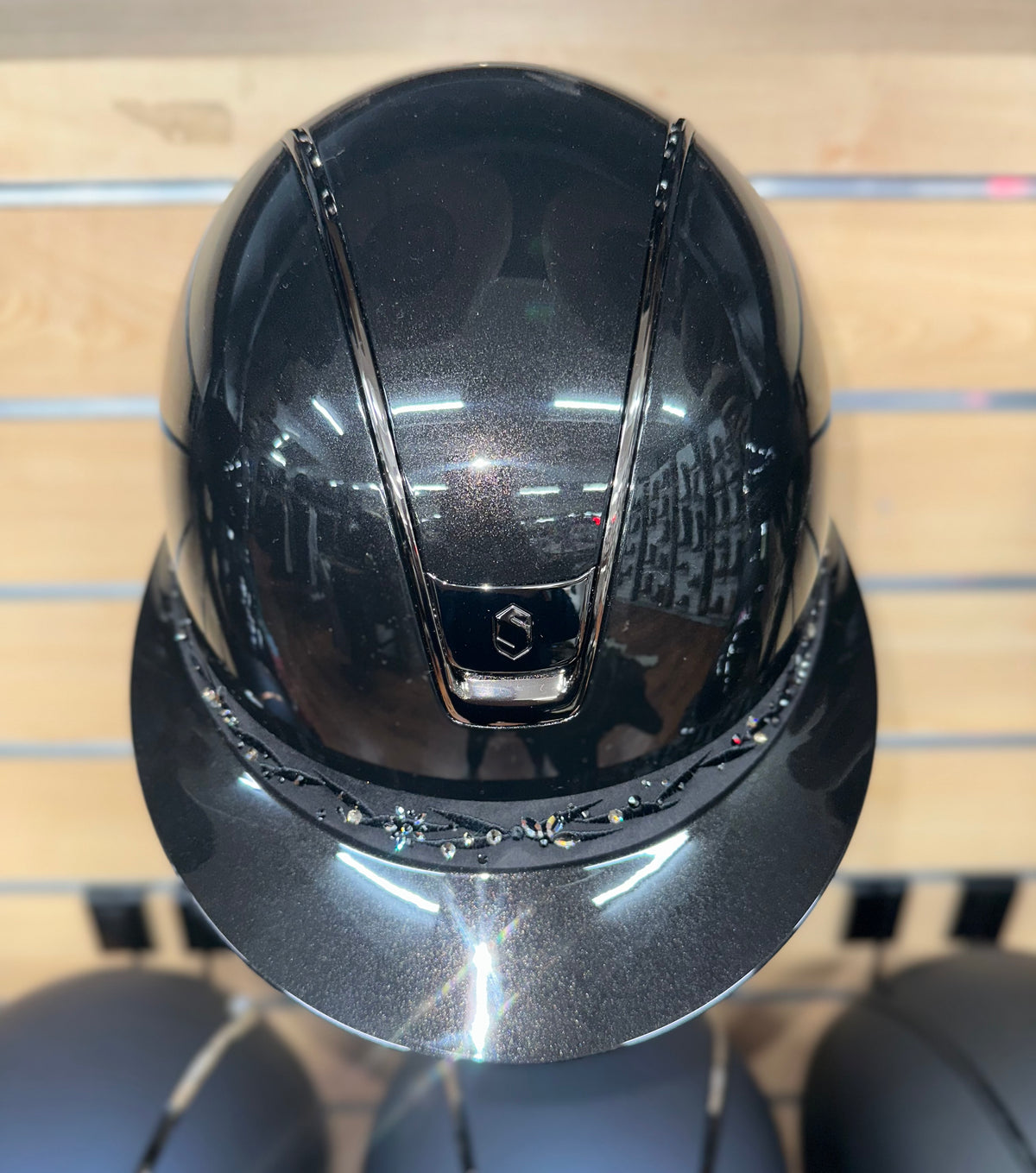 Samshield Miss Shield 2.0 Glossy Black Shell and Top w Majestic Black Flower Swarovski Jewellery Frontal Band and Blk Chrome Trim and Blazon