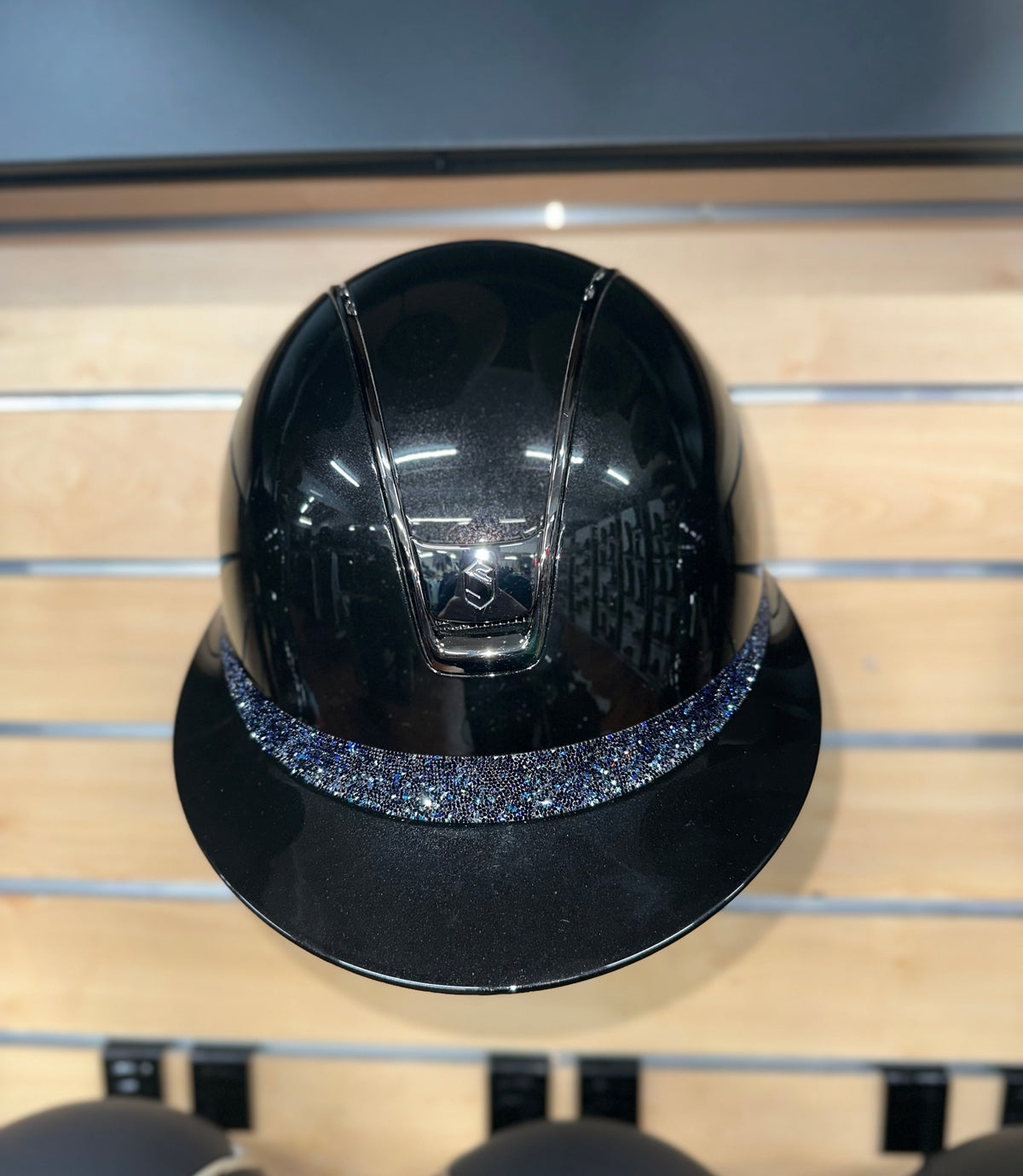 Samshield Miss Shield 2.0 Glossy Black Shell and Top with Cosmic Night Ultra Fine Rock Frontal Band and Blk Chrome Trim and Blazon