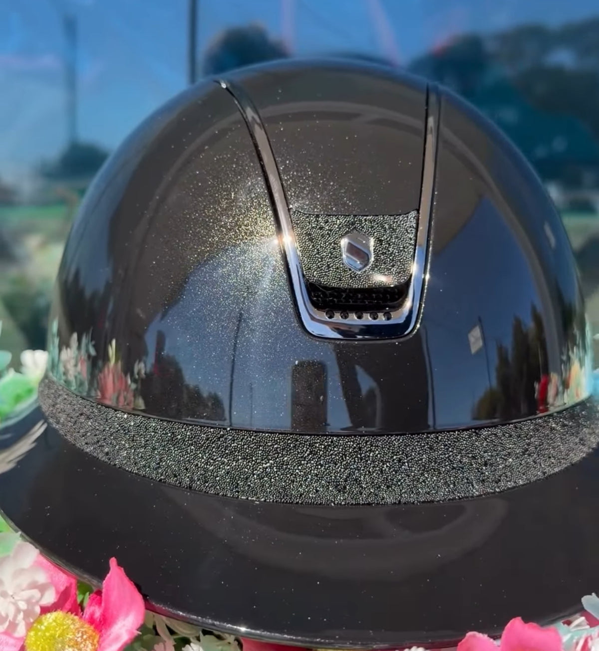 Samshield Miss Shield Glossy Black Shell and Top w Crystal Fabric Swarovski Frontal Band and Blazon and Jet Black 5 Swarovski Crystal Trim