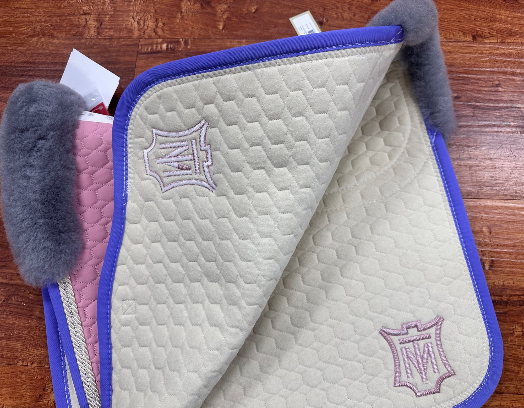 Mattes - Eurofit Dressage Pad Blush Pink with Grey Sheepskin & Purple Crystal Piping