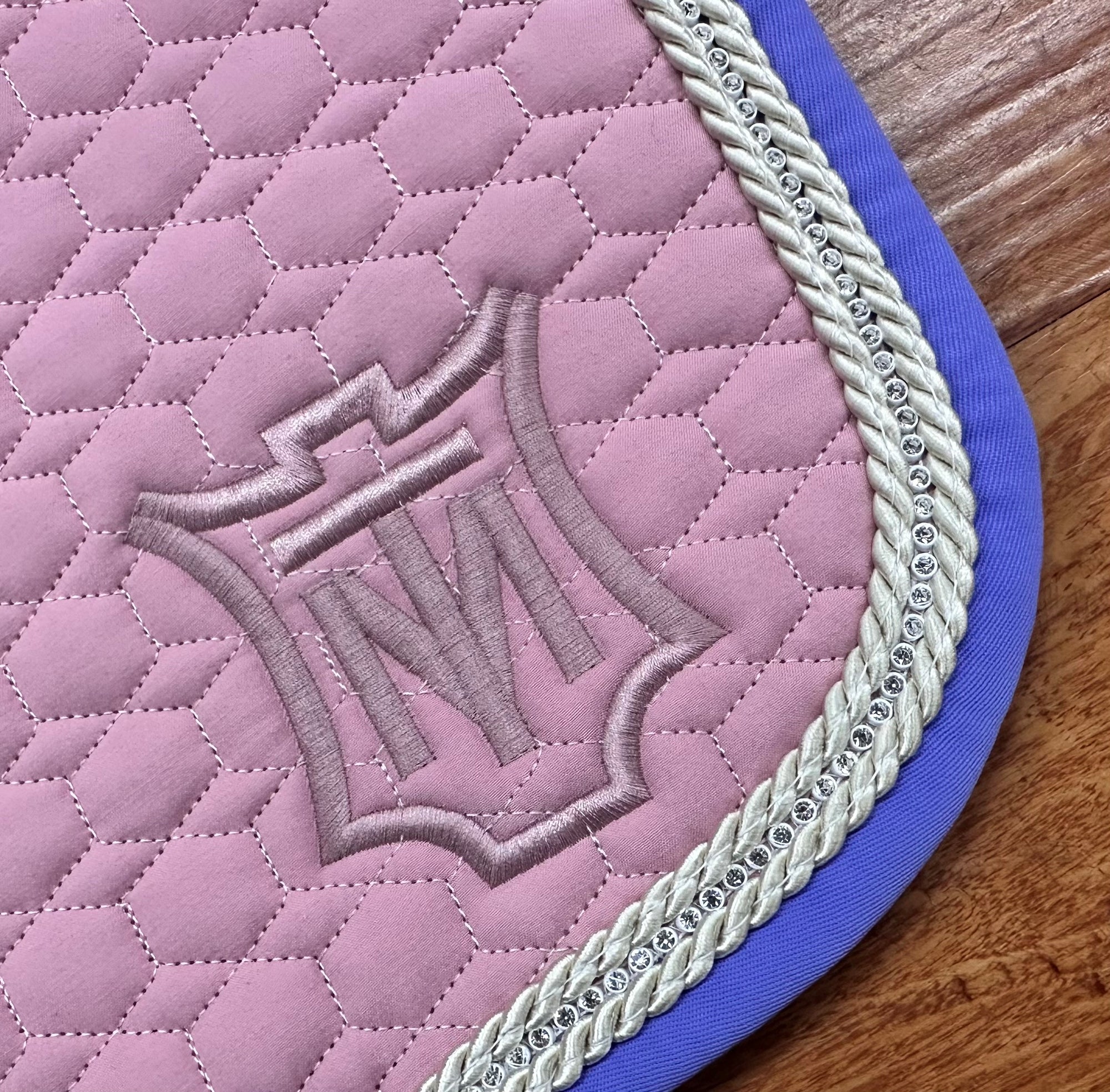 Mattes - Eurofit Dressage Pad Blush Pink with Grey Sheepskin & Purple Crystal Piping