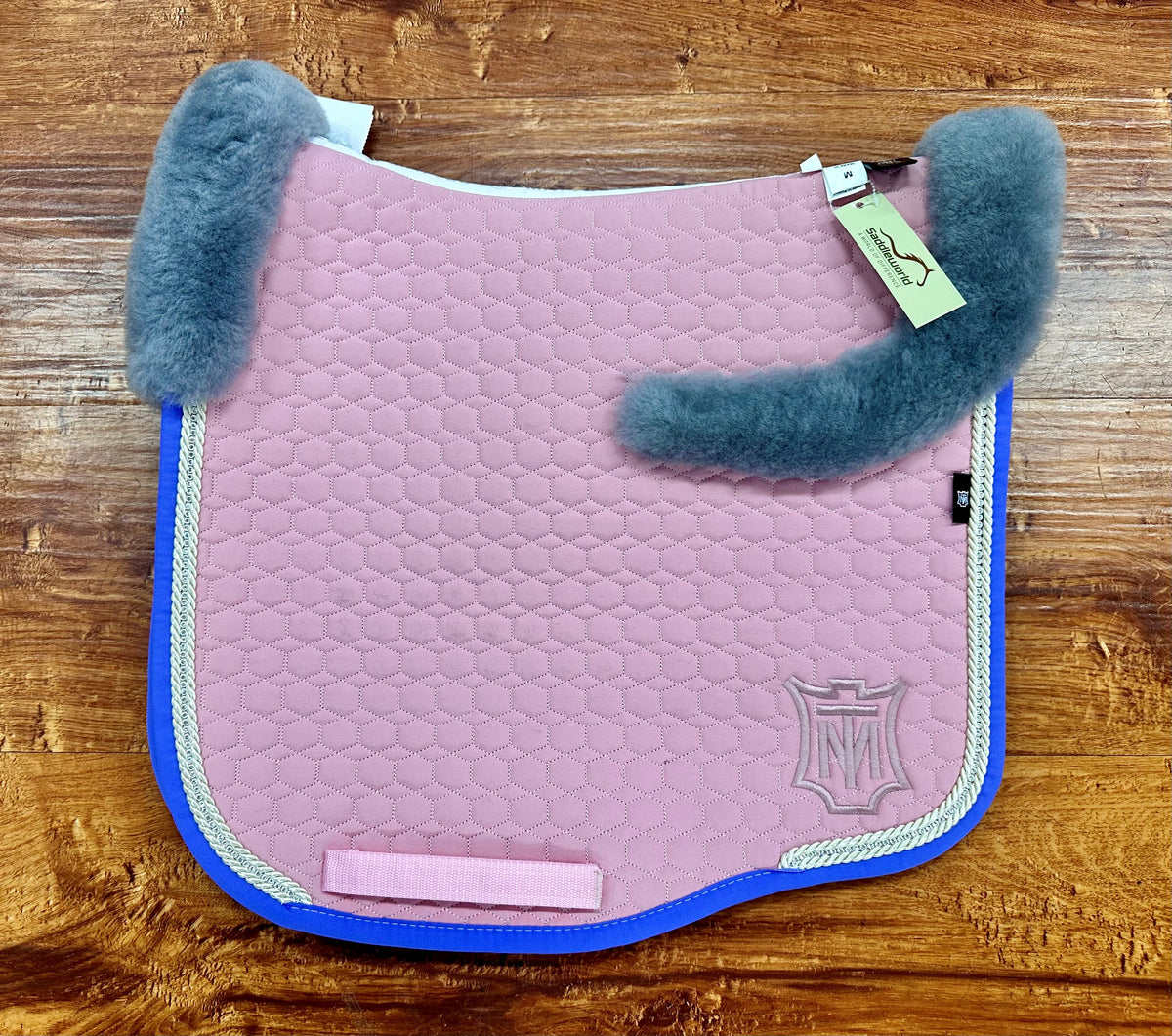 Mattes - Eurofit Dressage Pad Blush Pink with Grey Sheepskin &amp; Purple Crystal Piping