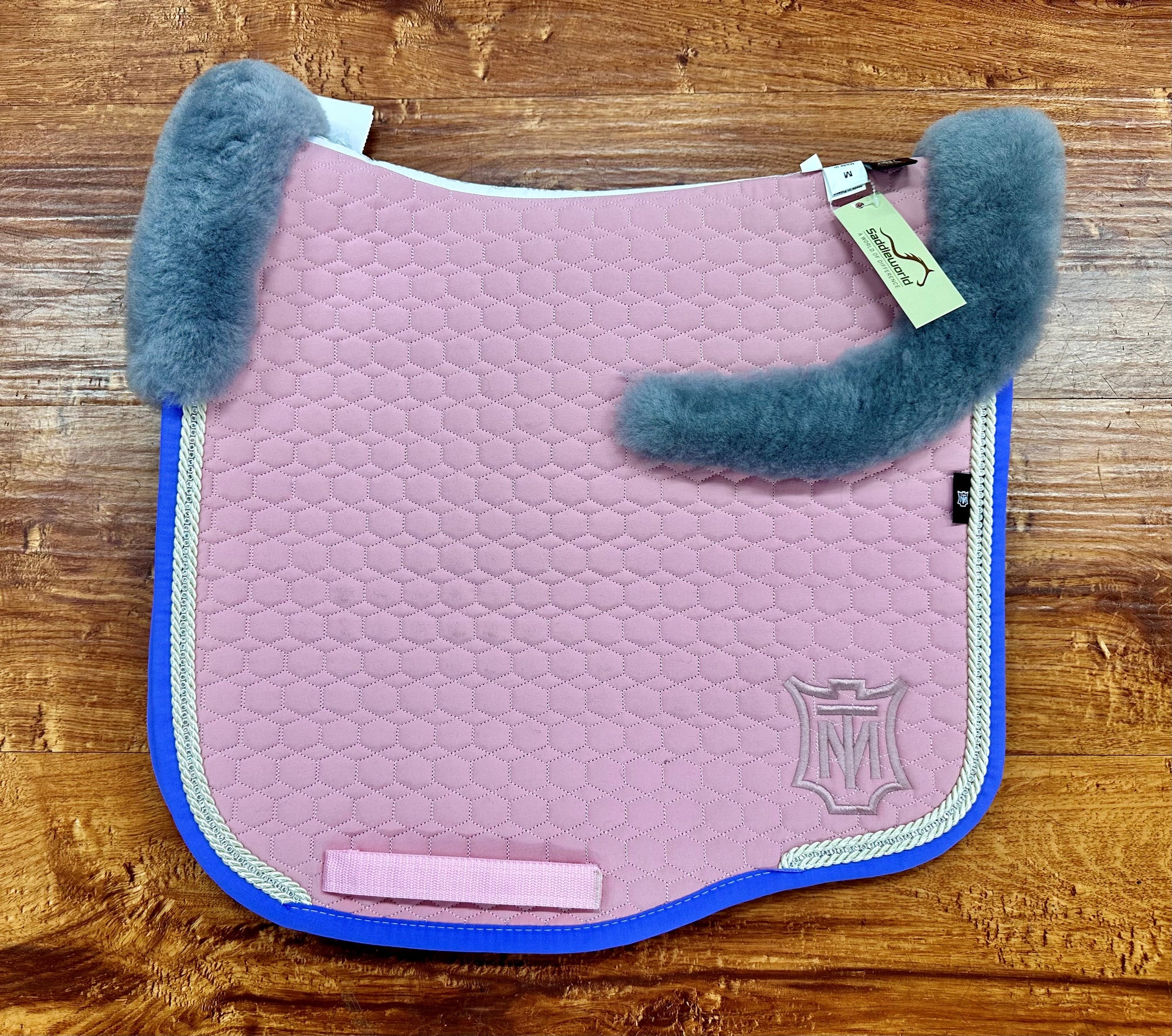 Mattes - Eurofit Dressage Pad Blush Pink with Grey Sheepskin & Purple Crystal Piping