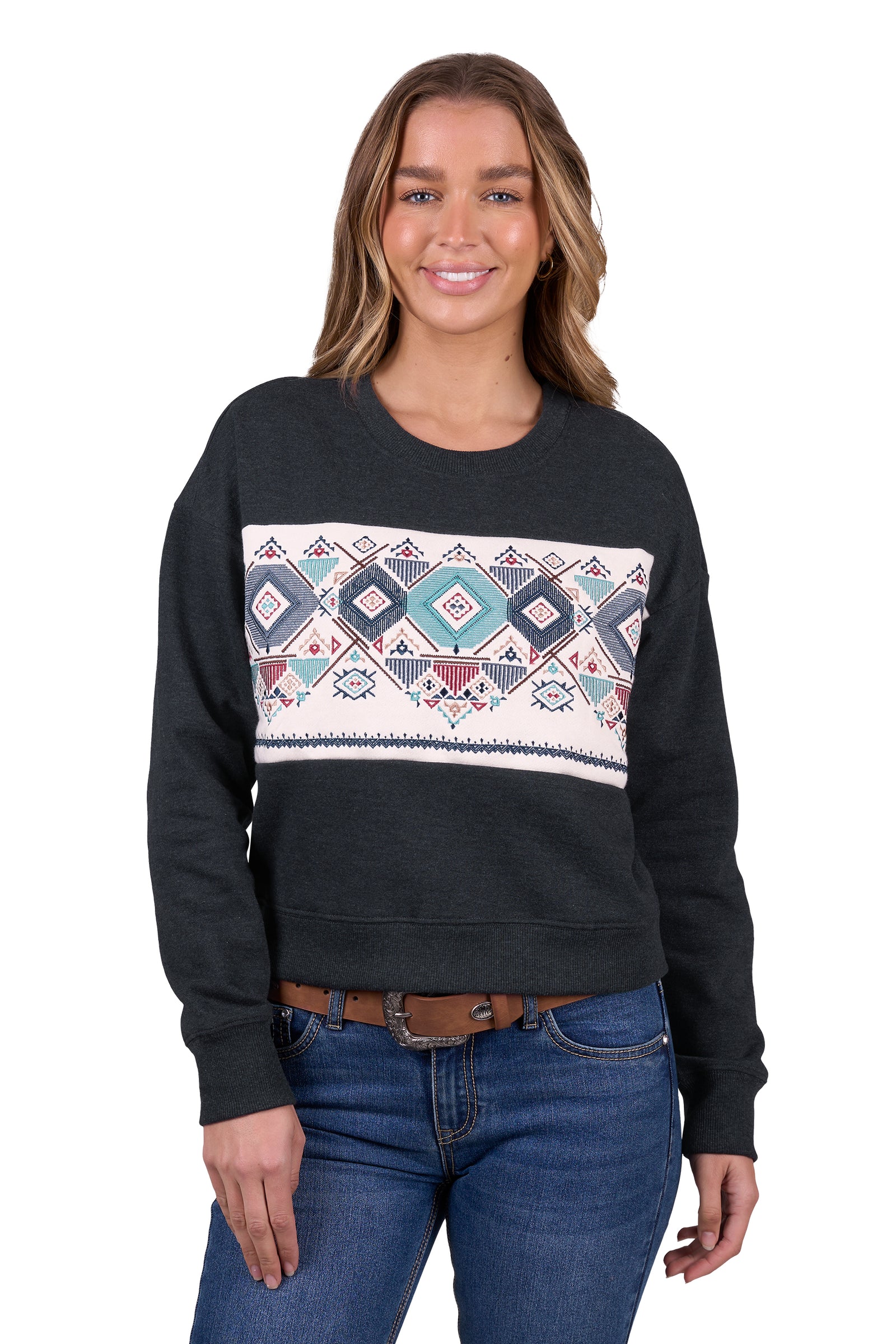 Pure Western Womens Clara Crew Charcoal Marle