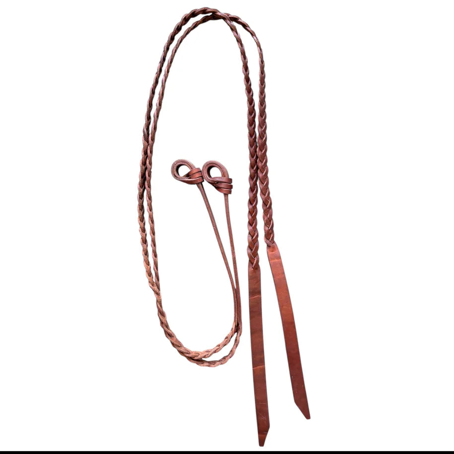 Kidman "Secret Plait" Red hide reins with Gulf Knot