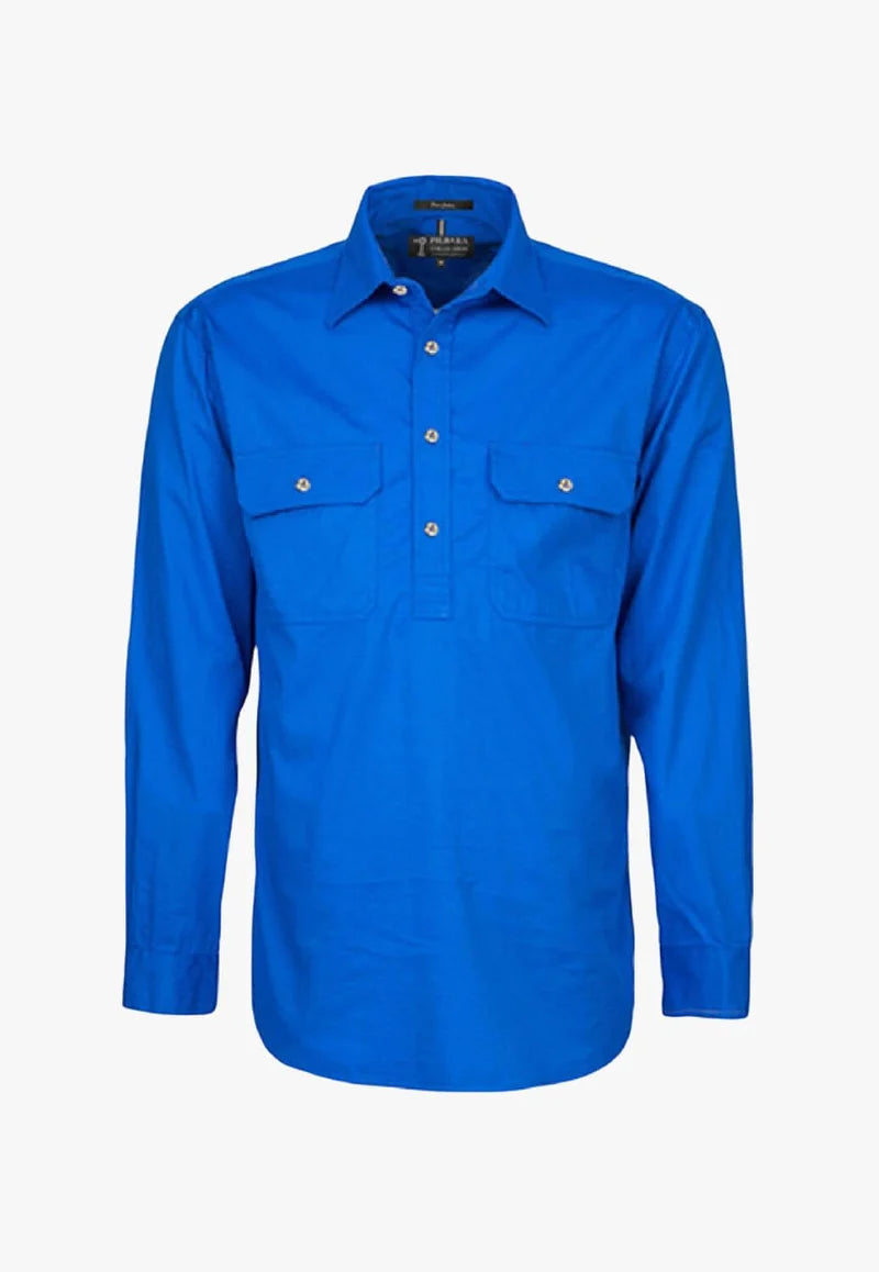 Pilbara Mens Closed Front Long Sleeve Workshirt - Cobalt Blue