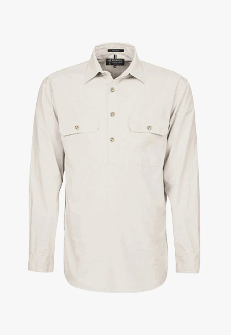 Pilbara Mens Closed Front Long Sleeve Workshirt - Stone