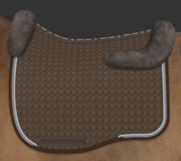 Mattes Euro Fit Dressage Pad with Correctional System, Taupe Sheepskin and Pidgon/ Ice Blue Pipping