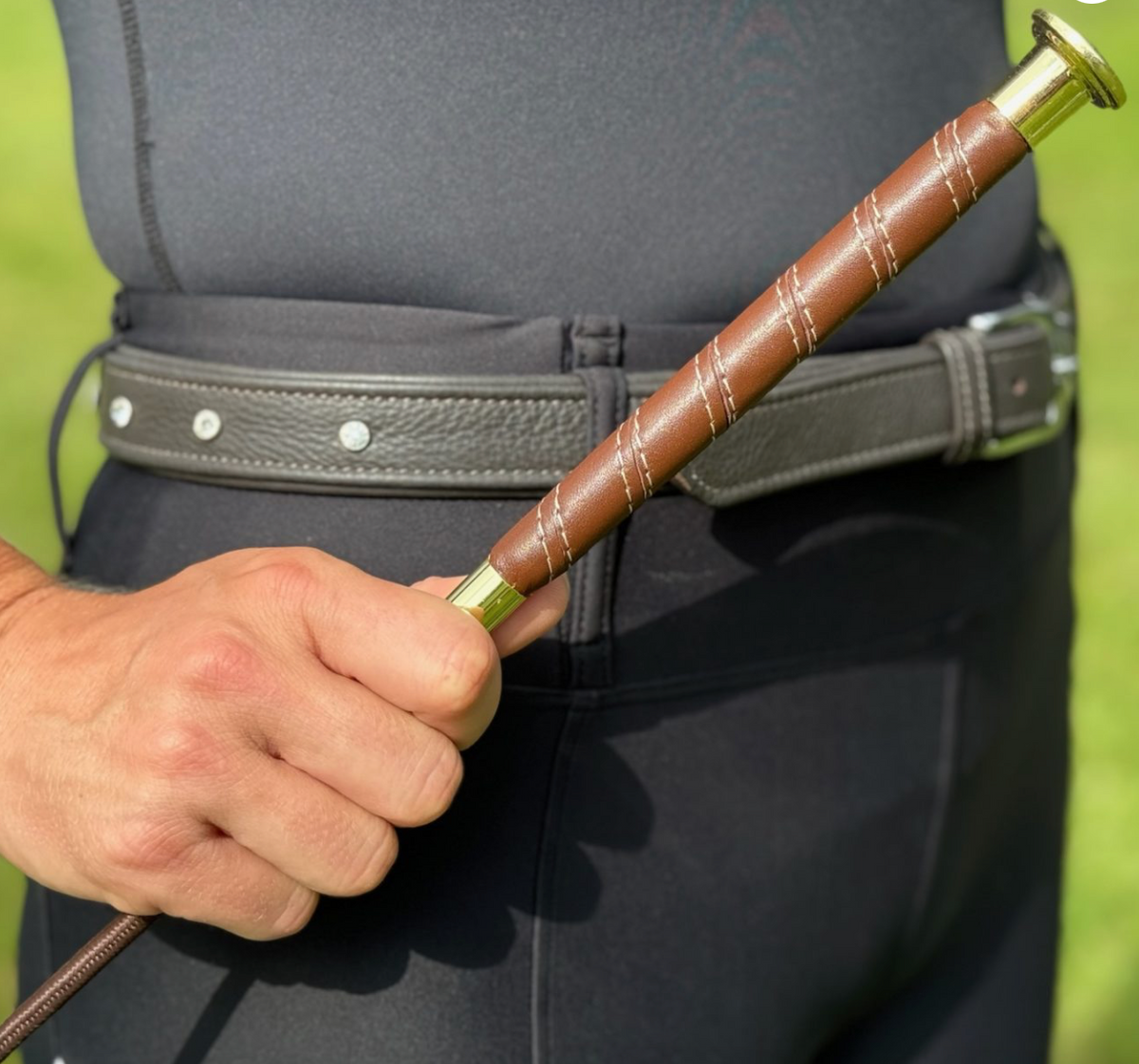 Belle Brown Leather Dressage Whip with Stitching