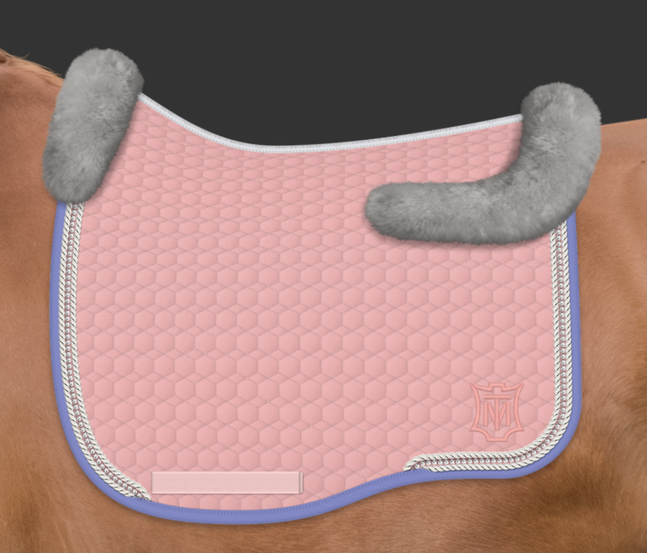 Mattes - Eurofit Dressage Pad Blush Pink with Grey Sheepskin & Purple Crystal Piping