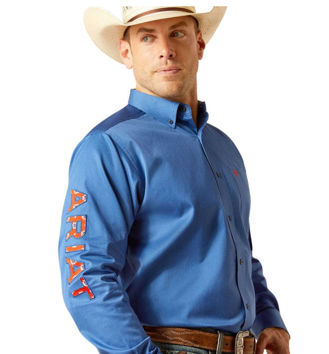 ARIAT MNS TEAM LOGO TWILL LS SHIRT BRIGHT COBALT