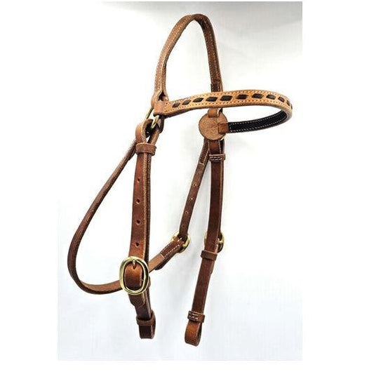 Barcoo bridle with tooled browband. USA Harness Leather.