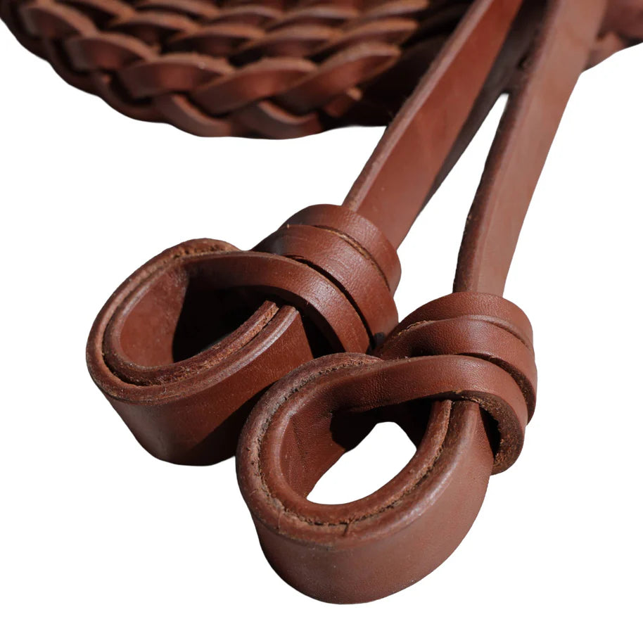 Kidman "Secret Plait" Red hide reins with Gulf Knot