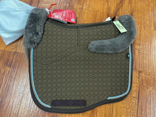 Mattes Euro Fit Dressage Pad with Correctional System, Taupe Sheepskin and Pidgon/ Ice Blue Pipping