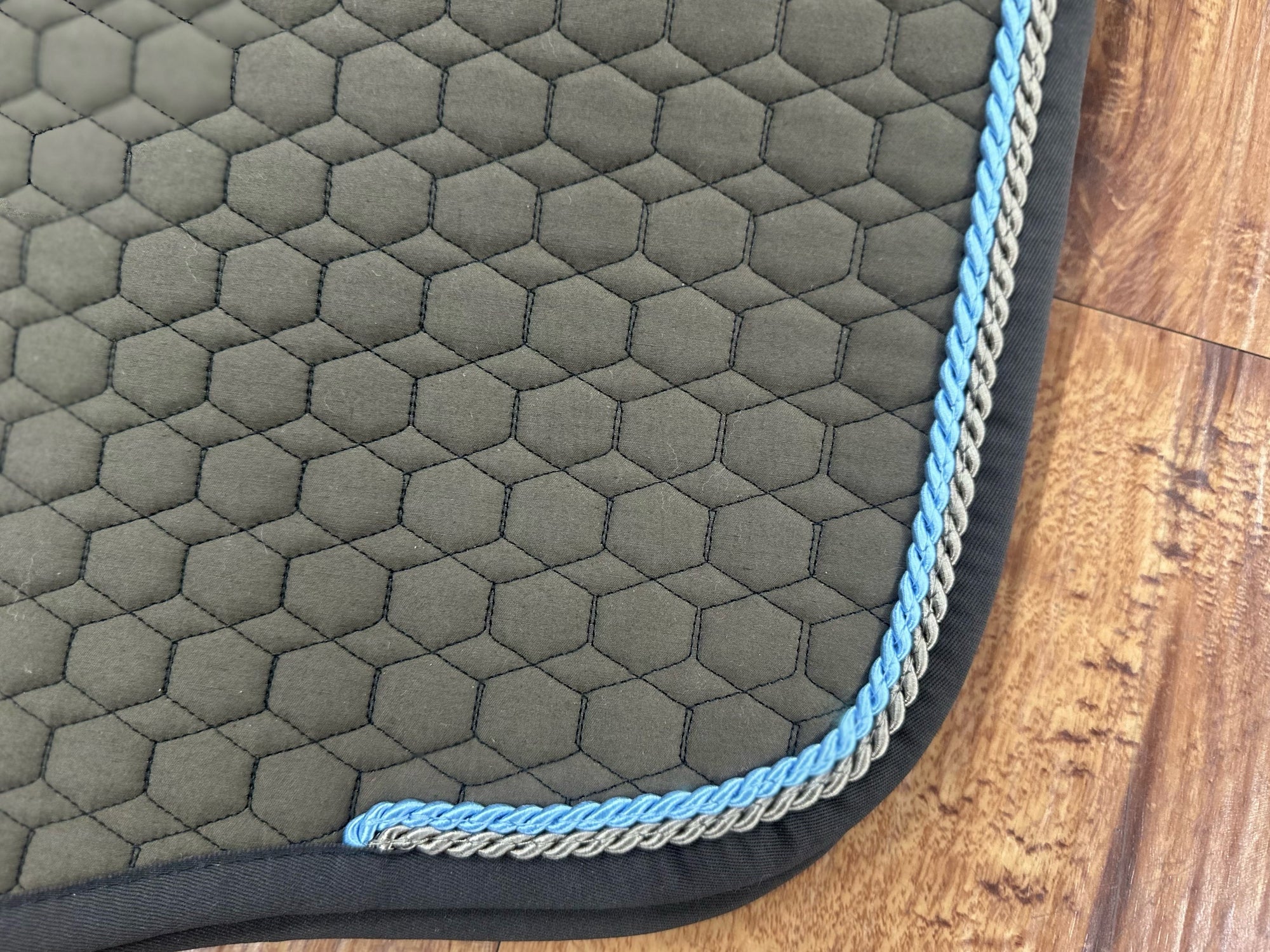 Mattes Euro Fit Dressage Pad with Correctional System, Taupe Sheepskin and Pidgon/ Ice Blue Pipping