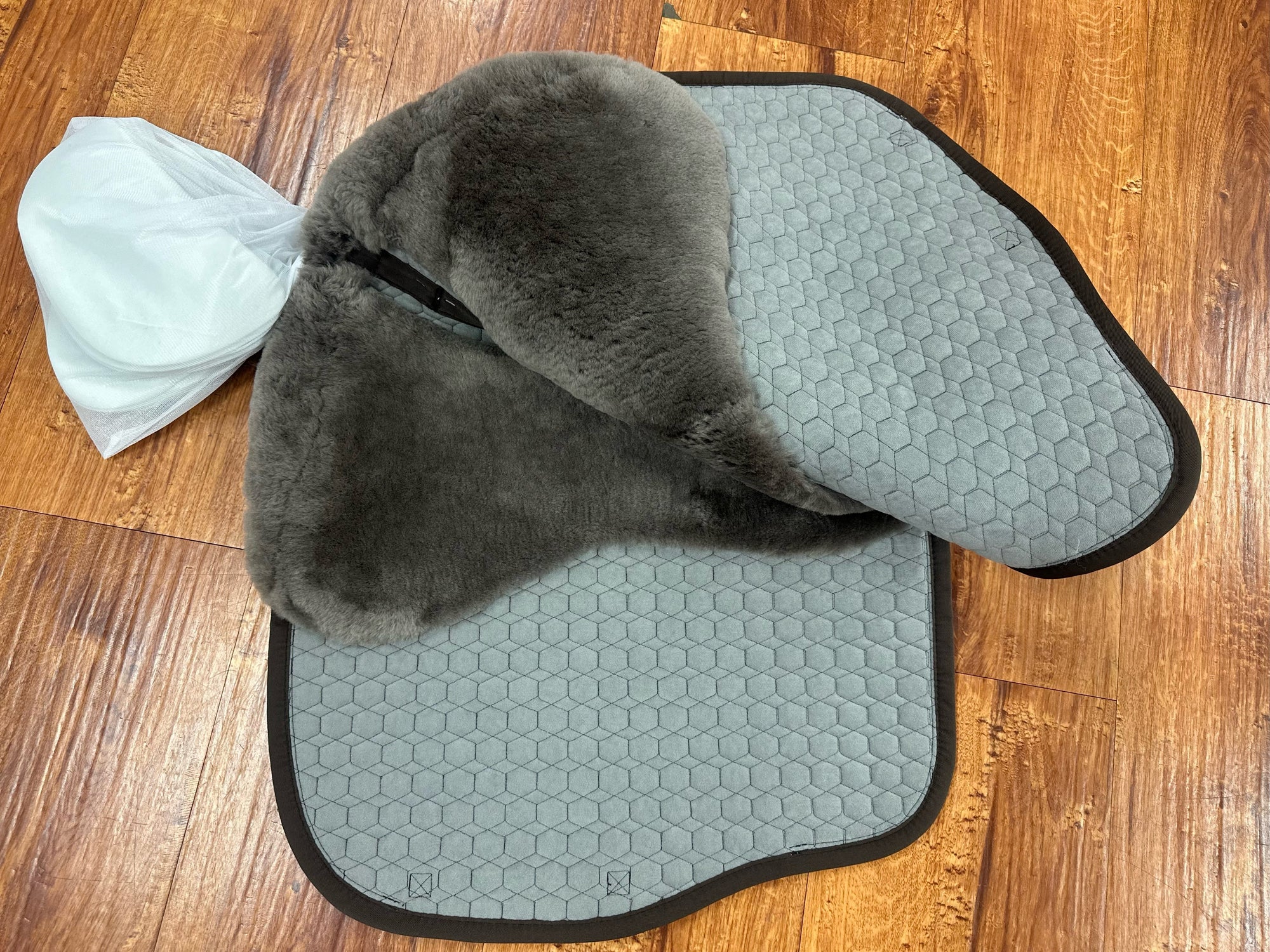 Mattes Euro Fit Dressage Pad with Correctional System, Taupe Sheepskin and Pidgon/ Ice Blue Pipping